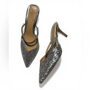 Jewel Bradgley Mischka Embellished Silver Glitter Pointed Toe Slingback Heels